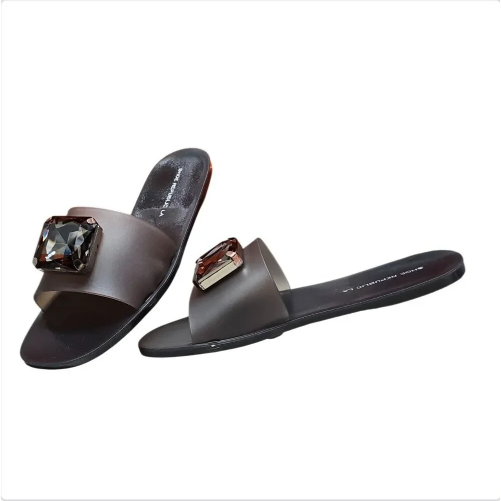 Black Slides With Oversized Gemstone Embellishment